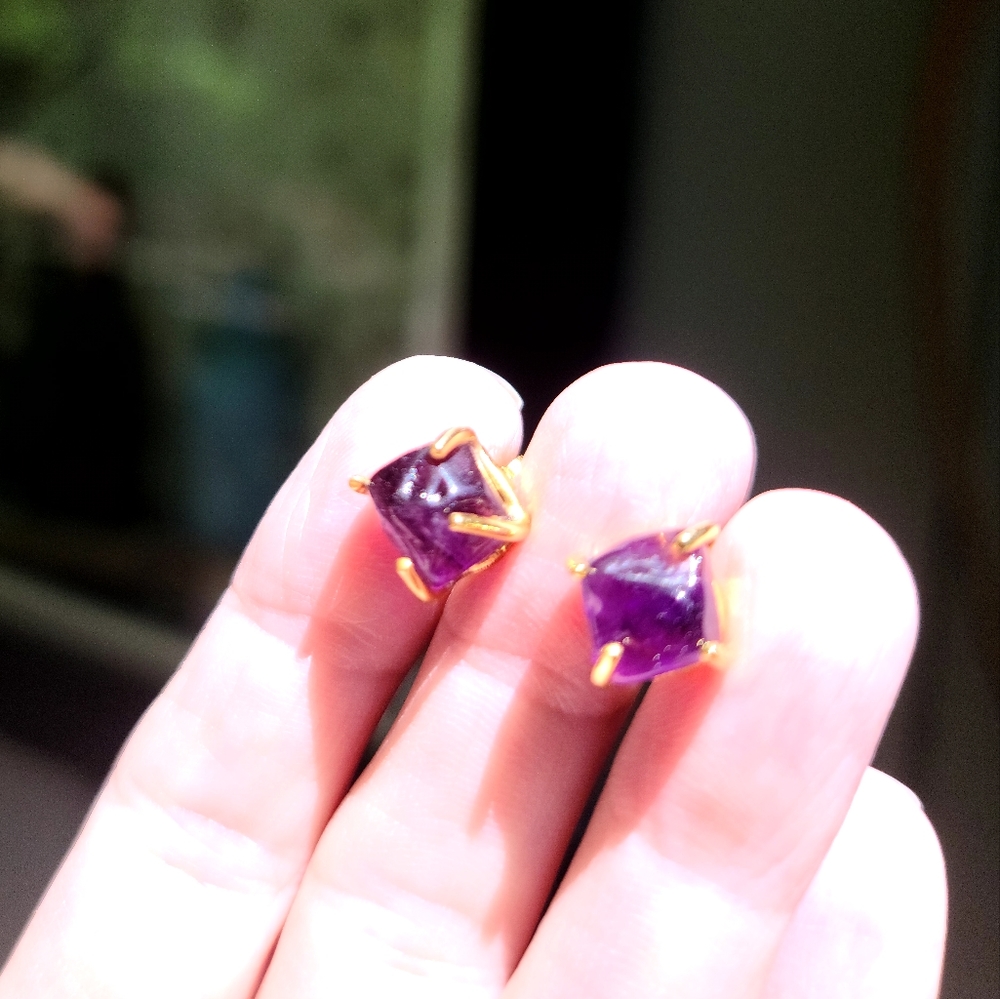 Amethyst Pyramid nugget earrings sterling &gold - Picture 5 of 8